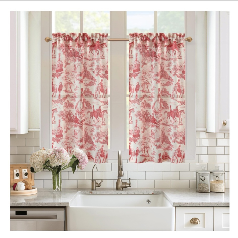 Country Vintage Farmhouse Red Toile Kitchen Curtains